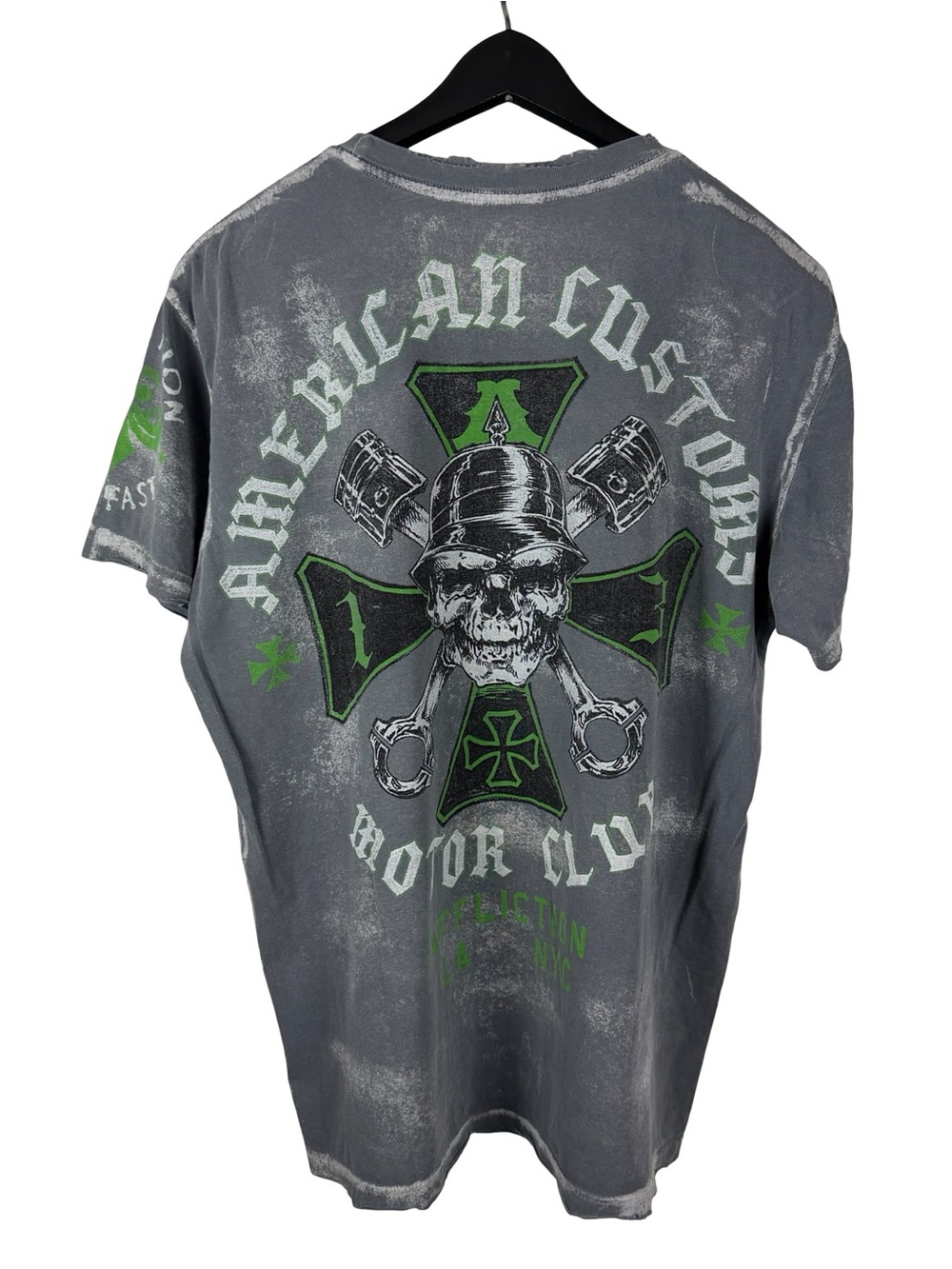 Mens Y2K Affliction American Customs Motor Club Grunge Grey Shirt Size L